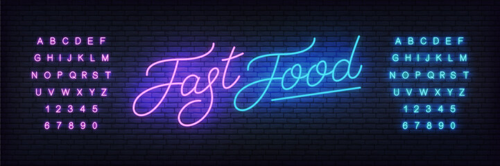 Fast food neon vector template. Glowing night bright lettering sign for Fast food cafe, restaurant, bar.