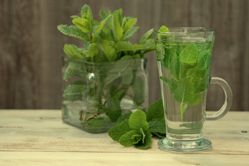 Summer fresh mint tea. Glass cup of green tea with mint leaves wooden background. Natural daylight. Copy space.