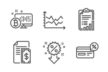 Payment, Checklist and Bitcoin system icons simple set. Discount, Diagram chart and Cashback signs. Cash money, Graph report. Finance set. Line payment icon. Editable stroke. Vector
