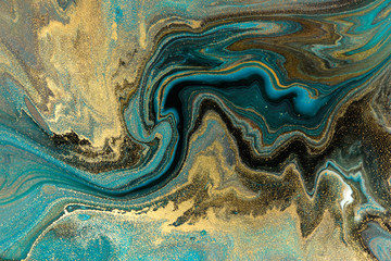 Blue marbling pattern. Golden marble liquid texture. - obrazy, fototapety, plakaty