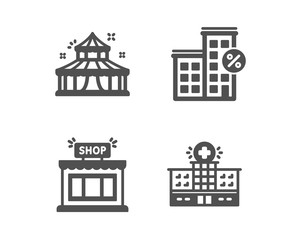 Set of Loan house, Shop and Circus icons. Hospital building sign. Discount percent, Store, Attraction park. Medical help.  Classic design loan house icon. Flat design. Vector