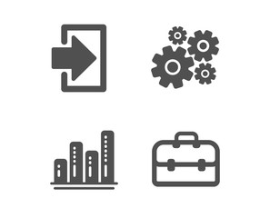 Set of Login, Graph chart and Cogwheel icons. Portfolio sign. Sign in, Growth report, Engineering tool. Business case.  Classic design login icon. Flat design. Vector