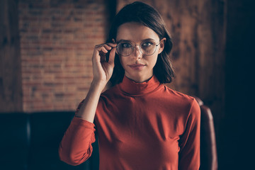 Close up photo of magnificent luxury attractive lady youngster clever collar stand true entrepreneur enterprise style stylish brunette wear red sweater specs in industrial