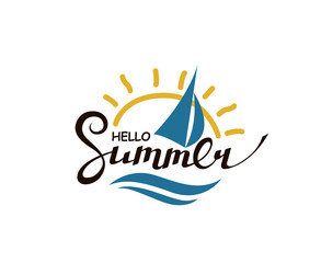 emblem of hello summer lettering with sun isolated on white background