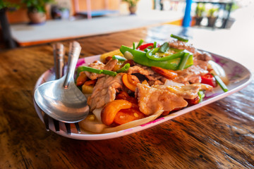 Spicy pork salad with vegetables , Asian style food , Thailand