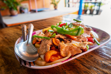 Spicy pork salad with vegetables , Asian style food , Thailand