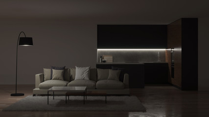 Modern kitchen interior. Night. Evening lighting. 3D rendering.