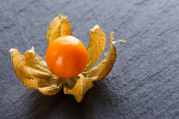juicy winter cherry on a dark stone background
