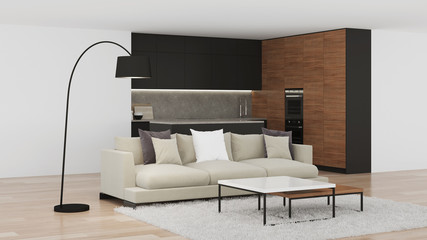Fototapeta premium Modern kitchen interior. Bright interior with black kitchen. 3D rendering.