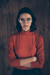 Fototapeta premium Portrait of clever concentrated focused finance financier investment investor style stylish trendy beautiful brunette hairstyle hair wear red sweater modern specs interior 