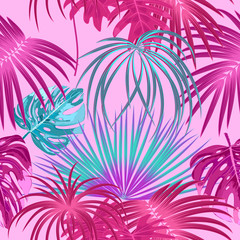 Fototapeta na wymiar Tropical jungle pink palm leaves seamless pattern, vector