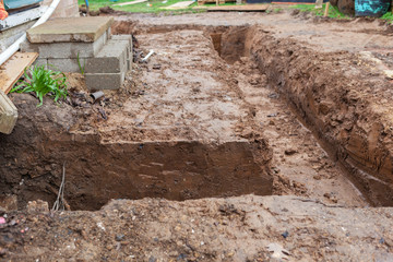 Dug and prepared foundations around the house, selective focus