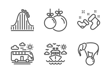 Ship travel, Santa boots and Bus travel icons simple set. Roller coaster, Christmas ball and Elephant on ball signs. Cruise transport, New year. Holidays set. Line ship travel icon. Editable stroke