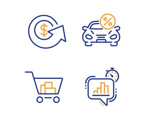 Car leasing, Internet shopping and Dollar exchange icons simple set. Statistics timer sign. Transport discount, Cart with purchases, Money refund. Growth chart. Finance set. Linear car leasing icon