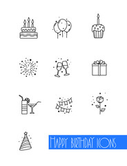 Happy birthday icons on white background. Vector illustration.
