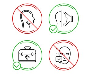 Do or Stop. First aid, Face id and Head icons simple set. Face accepted sign. Medicine case, Phone scanning, Human profile. Access granted. Healthcare set. Line first aid do icon. Prohibited ban stop