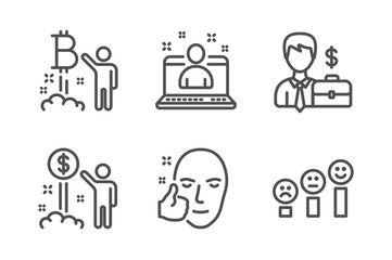 Businessman case, Income money and Best manager icons simple set. Bitcoin project, Healthy face and Customer satisfaction signs. Human resources, Wealth. People set. Line businessman case icon