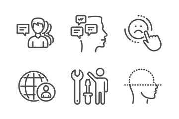 Repairman, People and Messages icons simple set. Dislike, International recruitment and Face scanning signs. Repair screwdriver, Support job. People set. Line repairman icon. Editable stroke. Vector