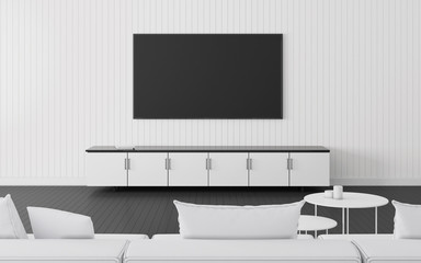 View of living room in minimal style with television and cabinet on wood wall and laminate floor. 3d rendering.	