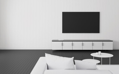 Fototapeta na wymiar View of living room in minimal style with television and cabinet on wood wall and laminate floor. 3d rendering. 
