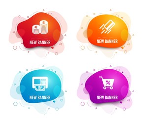 Liquid badges. Set of Atm, Currency and Credit card icons. Special offer sign. Money withdraw, Euro and usd, Bank payment. Discounts.  Gradient atm icon. Flyer fluid design. Abstract shapes. Vector