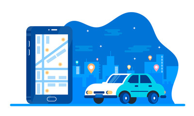 Car sharing service advertising. car standing near smartphone with app on screen. People get taxi at cell phone. Vector concept online transportation, mobile service illustration. Big city silhouette