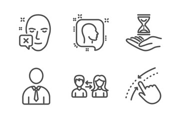Time hourglass, Face declined and Human icons simple set. Head, People communication and Swipe up signs. Sand watch, Identification error. People set. Line time hourglass icon. Editable stroke. Vector