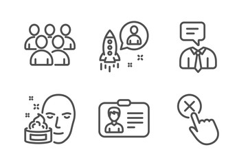 Support service, Group and Face cream icons simple set. Identification card, Startup and Reject click signs. Human talking, Developers. People set. Line support service icon. Editable stroke. Vector