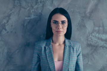 Close up portrait beautiful she her business lady before interview look attentively make professional photo set own card office wear specs formal wear checkered plaid suit isolated grey background