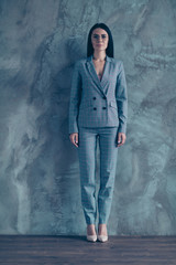 Full length body size photo beautiful she her business lady wait candidate worker interview look strict stand high-heels office wear specs formal-wear checkered plaid suit isolated grey background