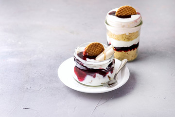 Healhy Diet Dessert in Glass Jar Tasty Dessert with Yogurt Diet Jam and Almond Cookies in Jars Fitness Low Calories Dessert