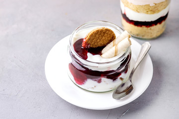 Healhy Diet Dessert in Glass Jar Tasty Dessert with Yogurt Diet Jam and Almond Cookies in Jars Fitness Low Calories Dessert
