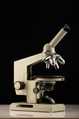 white microscope on dark background. Close up