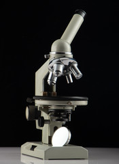white microscope on dark background. Close up