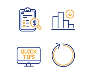 Web tutorials, Accounting report and Decreasing graph icons simple set. Loop sign. Quick tips, Check finance, Crisis chart. Refresh. Linear web tutorials icon. Colorful design set. Vector