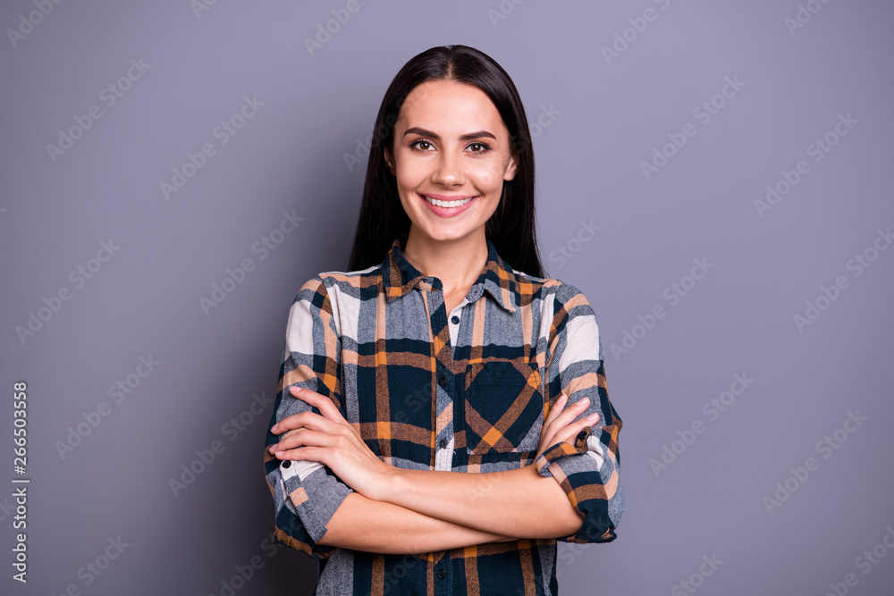 Wall mural Portrait of her she nice-looking fascinating adorable attractive pretty winsome cheerful cheery straight-haired lady wearing checked plaid crossed hands isolated over gray pastel background - Wall murals