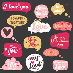 Vector illustration of happy valentines day typography lettering logo set.Valentine's day hand drawn calligraphy and illustration set in speech bubbles.