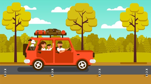 Family on the car goes on vacation on a country road in the background of the forest. Travel by SUV. Vector illustration.