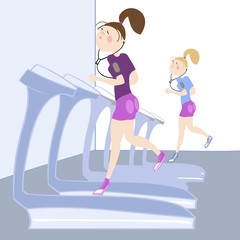 Girls exercising in the gym, cardiovascular exercise, running on a treadmill, color vector illustration for sports complex advertising