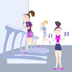 Girls exercising in the gym, cardio exercises, running on a treadmill, exercises with dumbbells, color illustration in vector for advertising of the sports complex