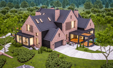 3d rendering of modern cozy clinker house on the ponds with garage and pool for sale or rent with beautiful landscaping on background. Clear summer evening with cozy light from window