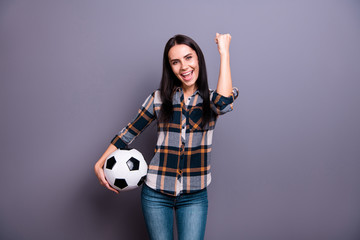 Close up photo amazing beautiful she her lady hold hand arm raised air leather football soccer ball...