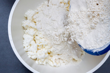 In a bowl with ingredients butter and cottage cheese for biscuits add flour