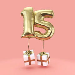 Number 15 birthday celebration gold foil helium balloon with presents. 3D Render