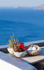 Fototapeta na wymiar Santorini detail against blue mediterranean sea, Greece