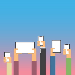 Hands raising with smartphone and tablet flat design