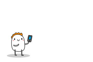 Cute cartoon man holding smartphone hand drawn illustration for banner brochure poster print