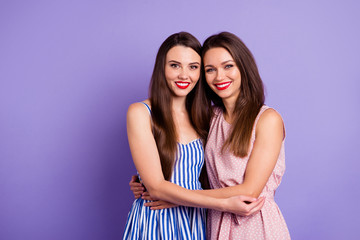 Close up portrait two amazing beautiful confident she her lady classy hugging revealing white teeth wear pretty nice cute shiny colorful dresses isolated purple violet bright vivid background