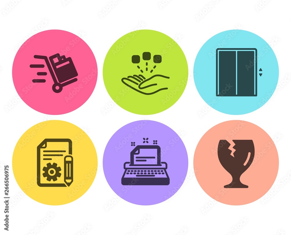Aufkleber documentation, typewriter and lift icons simple set. consolidation, push cart and fragile package si