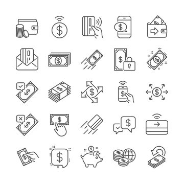 Payment wallet line icons. Set of Pay with Phone, Accept money transfer and Credit card by mail icons. Online payment, Dollar exchange and Fast money send. Private pay, Cash and Wallet. Vector
